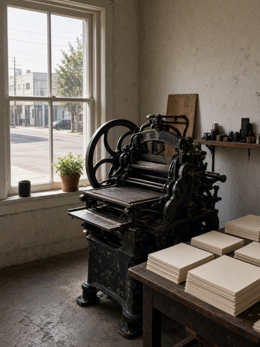 The platen press by the window
